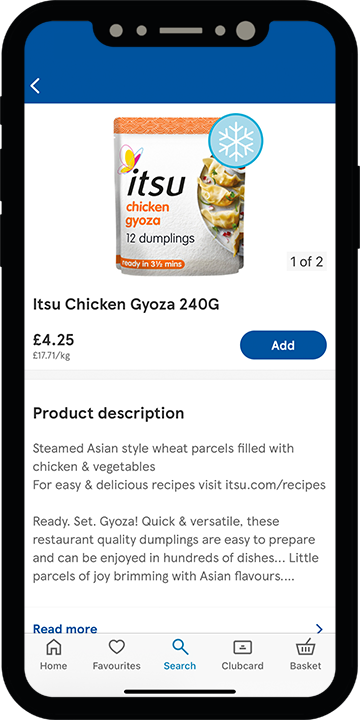 Itsu Chicken Gyoza online shopping listing shown on a Mobile device