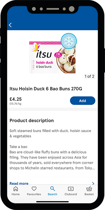 Itsu Hoisin Duck 6 Bao Buns online shopping listing shown on a Mobile device