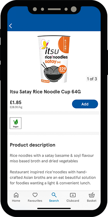 Itsu Satay Rice Noodle Cup online shopping listing shown on a Mobile device